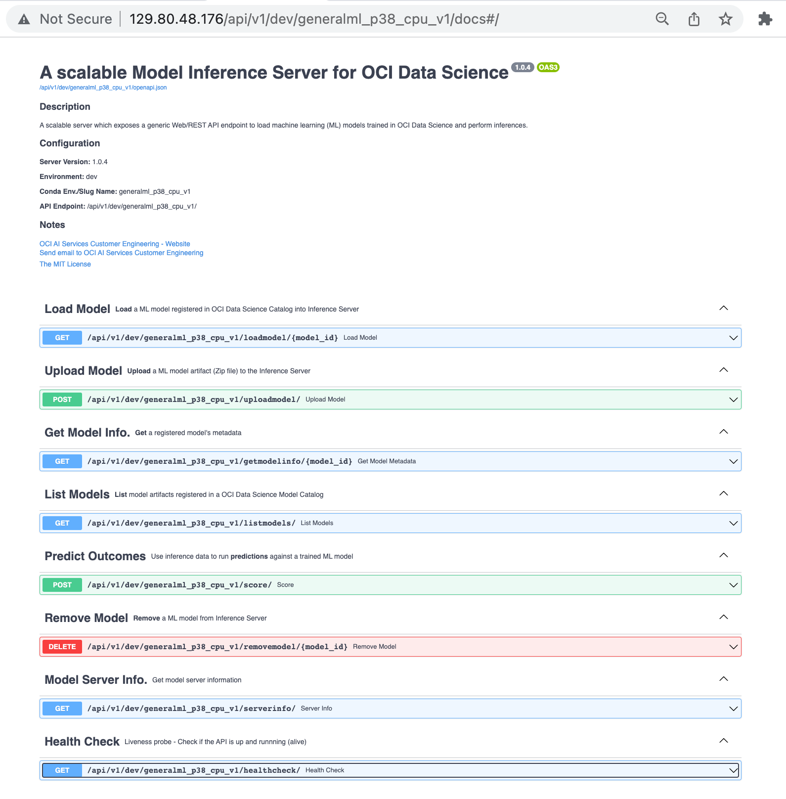 A screenshot of the OpenAPI docs with the API exposed by the model inference server.