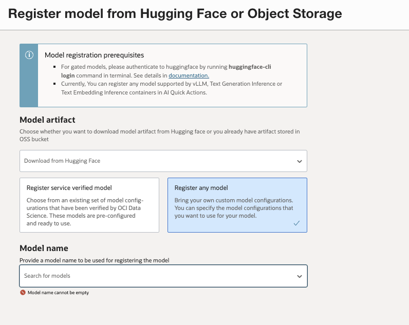 Model registration panel in AI Quick Actions