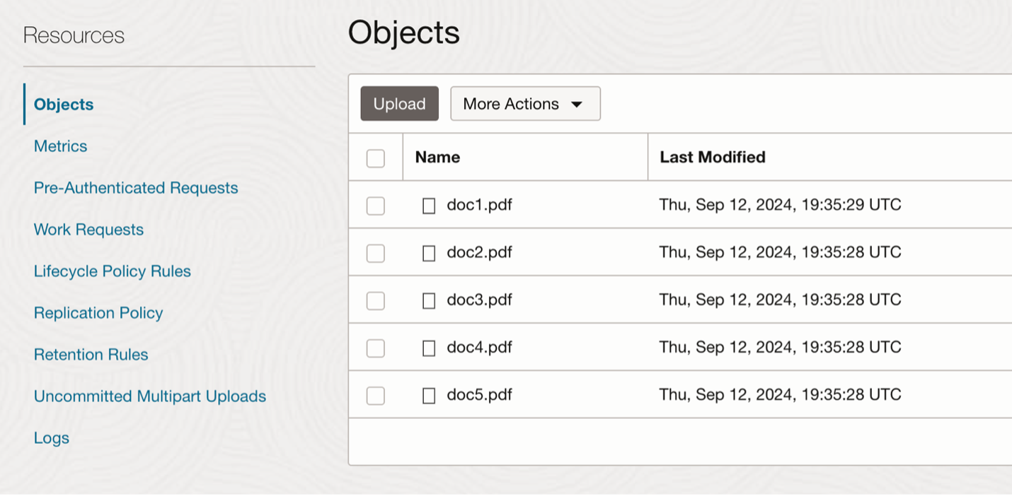 Figure 1: Upload documents to Object Storage bucket