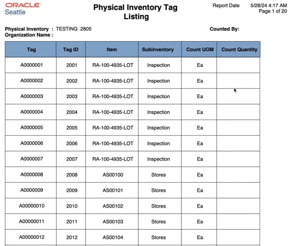 A simplified physical inventory tag list.