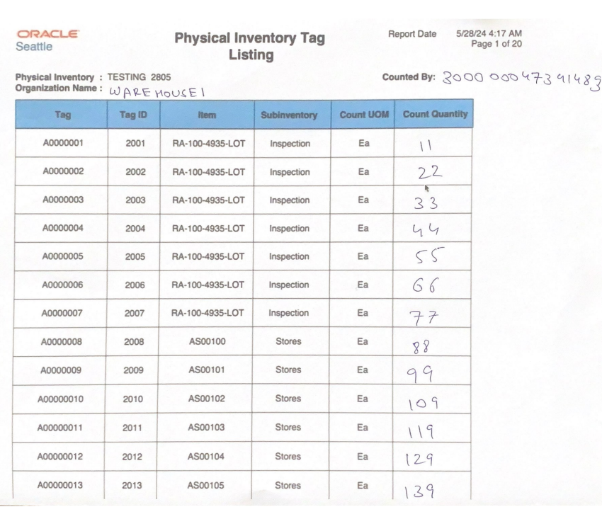 A hand-annotated version of the example physical inventory tag.