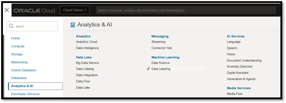 Analytics and AI in the Oracle Cloud Console.