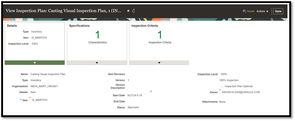 Details for an inspection plan.