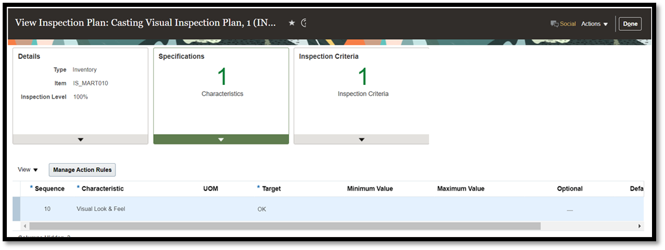 Specifications and characteristics included in the inspection plan.