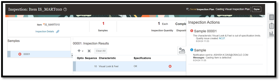 Inspection actions showing that a sample result is different from a target.