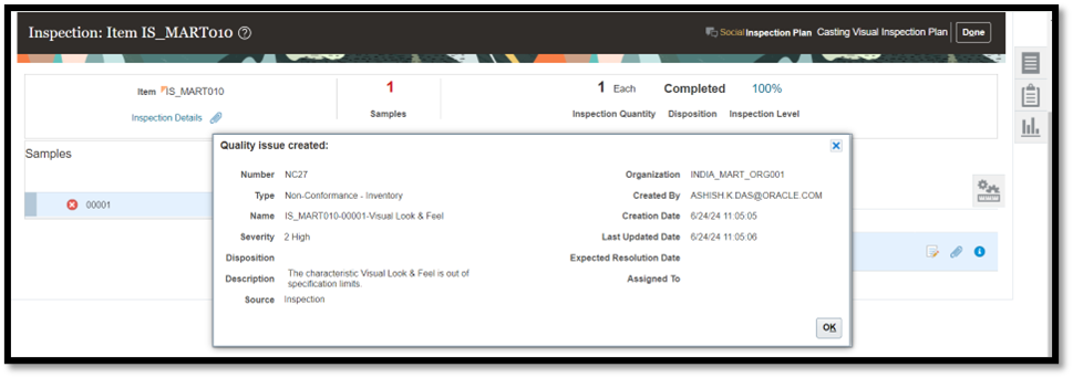 A window showing that a quality issue has been created.