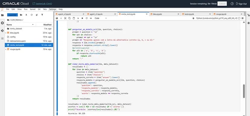 Acuracy of 84% in MMLU test. Evaluation running on OCI Data Science using an astronomy dataset