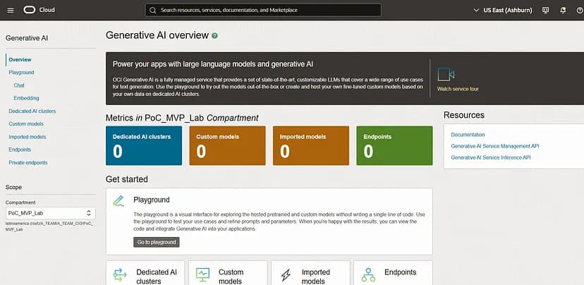 Generative AI page from Oracle OCI console, where we can experiment many different models running inside Oracle cloud OCI