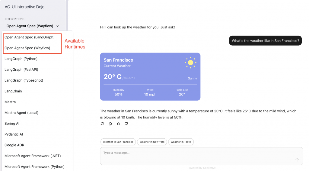 Screenshot of Agent Spec integration in AG-UI interactive Dojo: Users can choose between different runtimes (e.g. WayFlow, LangGraph). The main panel shows a chat-style UI where a weather box widget is generated in the conversation with the user