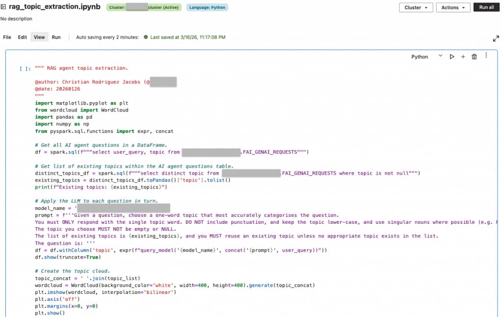 Python Notebook within AI Data Platform showing how topics can be extracted from agent query data in just a few lines of Python code.