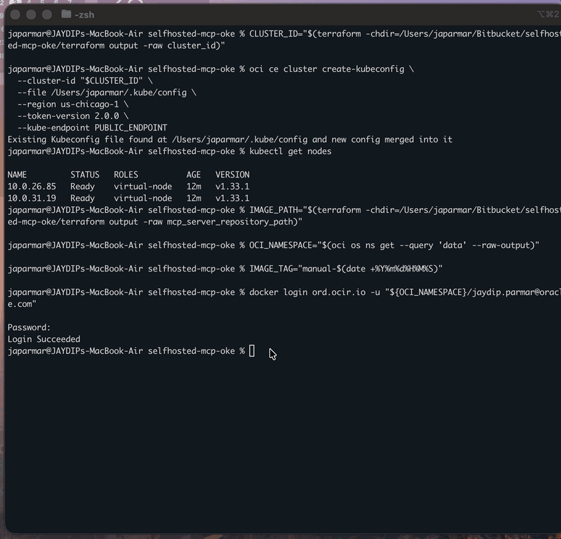 Commands to build the MCP server container image and push it to your private OCIR repository so Kubernetes can pull it.
