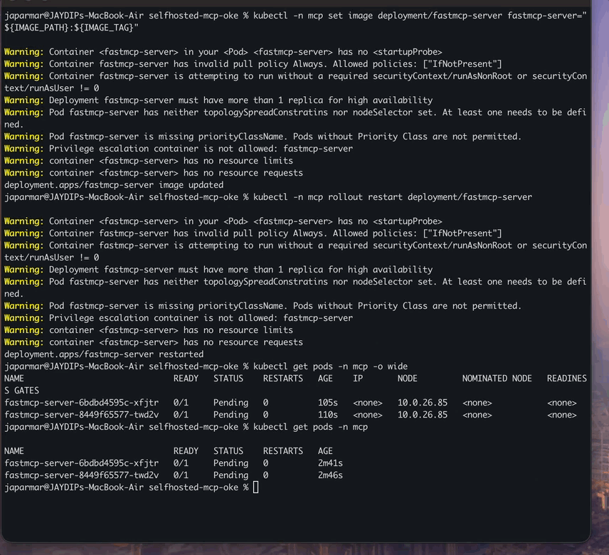 Command to list all Pods in the mcp namespace, showing extended details (e.g., node, IP, and other fields) using the -o wide output format.
