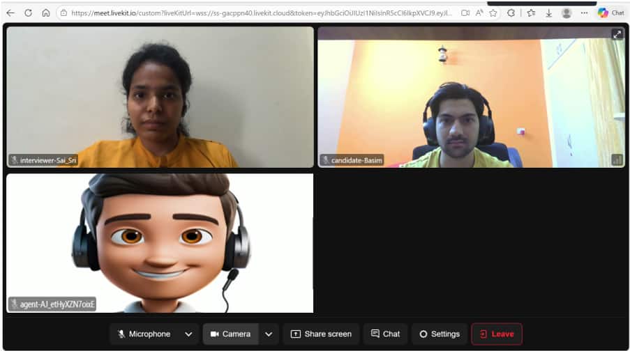 Human-led interview session with real-time transcript capture and structured evaluation support.