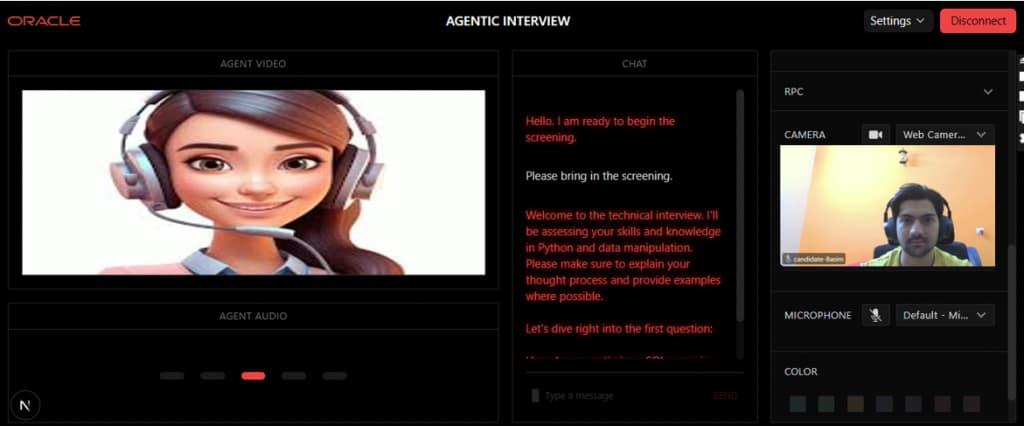 LiveKit interview session where an AI interviewer conducts adaptive candidate screening and adjusts question difficulty based on responses.