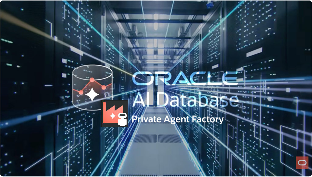 Oracle AI Database Private Agent Factory product banner showing the Private Agent Factory icon alongside Oracle AI Database branding