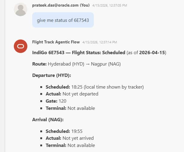 Flight Track Agentic Flow responding to a user query about flight 6E7543. The agent returns real-time status for the flight 6E7543 from Hyderabad to Nagpur, including scheduled departure time, gate information, and arrival details — demonstrating live MCP tool invocation.