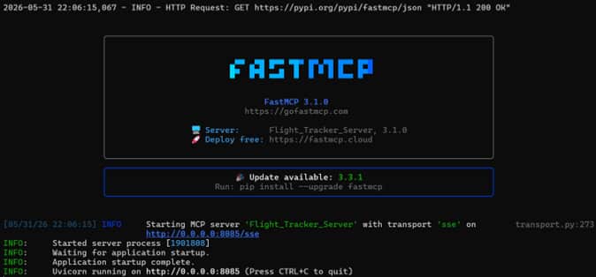 FastMCP server terminal showing the Flight Tracker MCP server starting up on port 8085 with SSE transport. Server is running via Uvicorn and ready to accept connections.