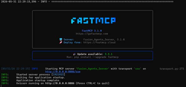FastMCP server terminal showing the Fusion Agents Server starting up on port 8086 with SSE transport. This is the MCP wrapper server that bridges Oracle Private Agent Factory with Oracle Fusion HCM agents via the A2A protocol.
