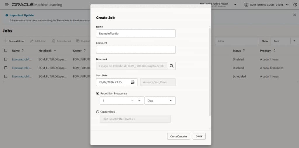 Since we have an optimization script working, we can schedule execution regularly, using the jobs feature from OML.