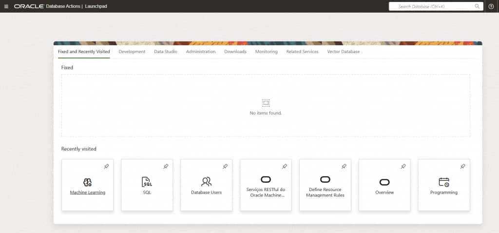 Database Actions / Launchpad where we can launch the Oracle Machine Learning