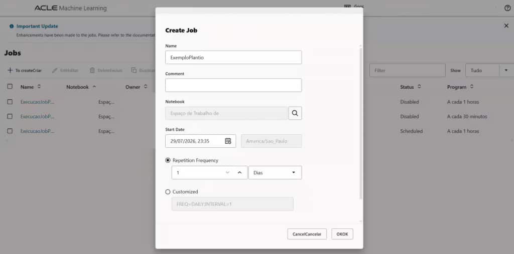 Since we have an optimization script working, we can schedule execution regularly, using the jobs feature from OML.