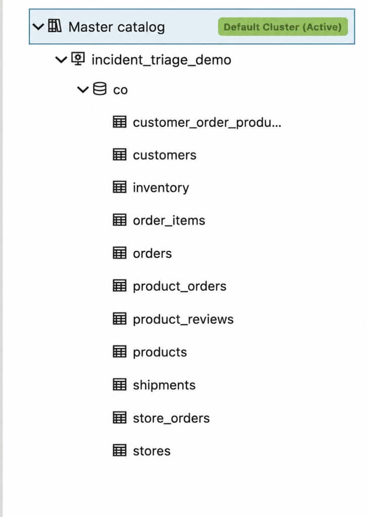 Customer Orders tables in the incident_triage_demo catalog, including orders, order_items, and stores.