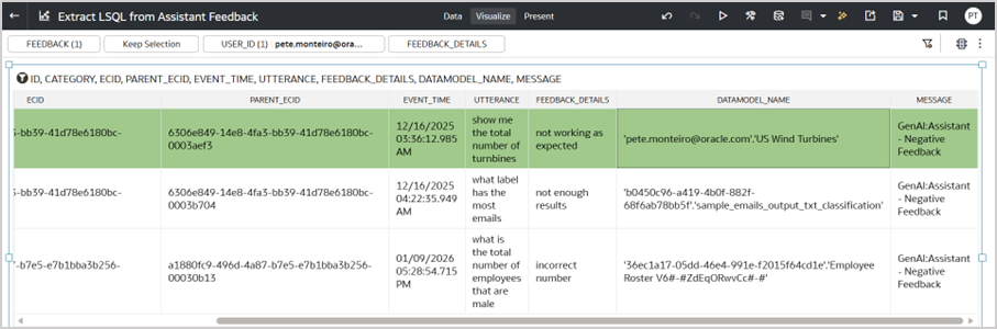 Figure 3: Selecting a negative feedback to extract the LSQL