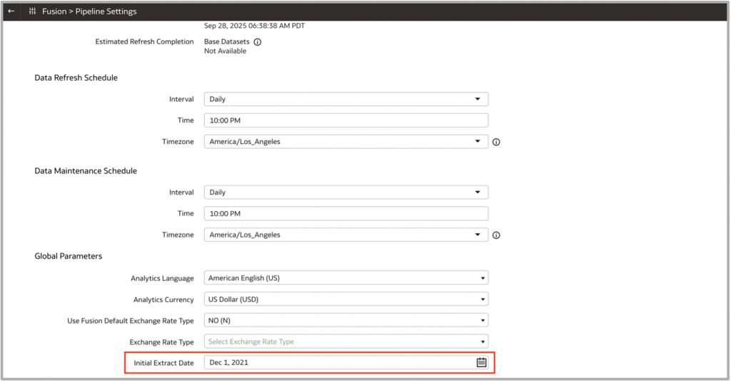 Fusion Pipeline Settings Initial Extract Date