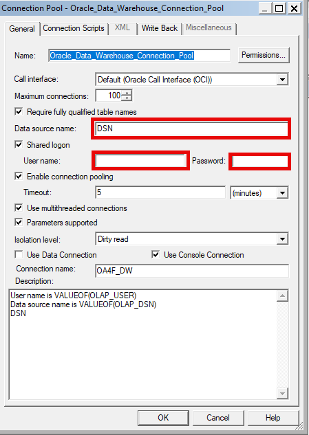 Data source name as DSN and Username and Password as blank