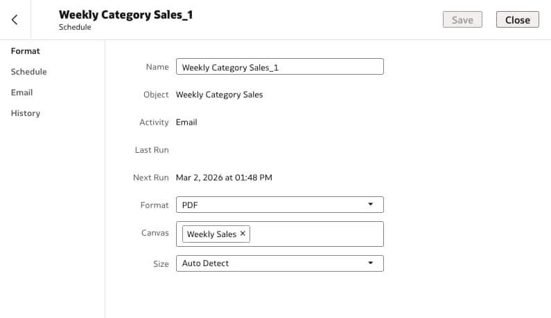 Workbook email scheduling format in Oracle Analytics