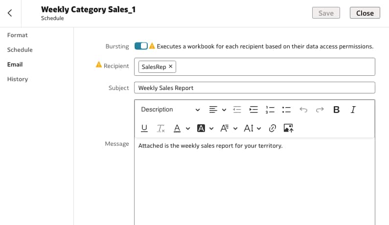 Workbook email scheduling email template in Oracle Analytics
