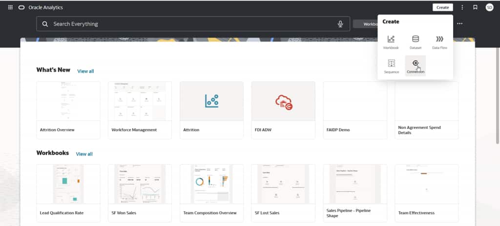 Oracle Analytics Cloud create connection page