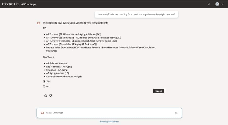 FDI AI Concierge can map a business question to relevant KPIs and dashboards.