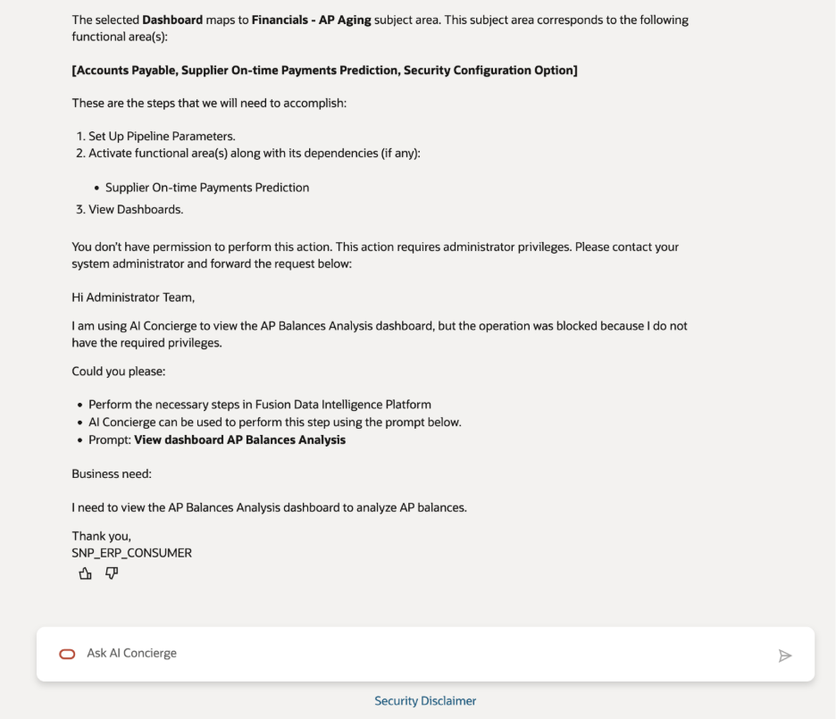 When FDI administrator action is required, AI Concierge helps the non-admin user prepare a clear request.