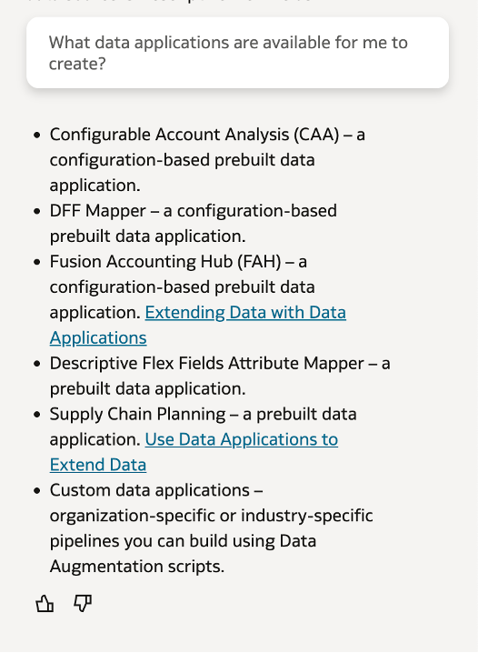 AI Concierge can list prebuilt and custom data application options before an administrator starts the create flow.