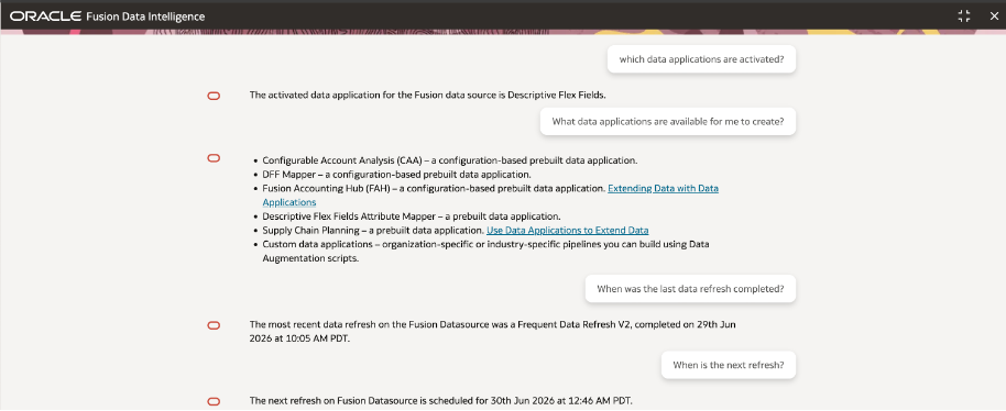The same conversational flow in AI Concierge can move from data application questions into refresh timing questions.