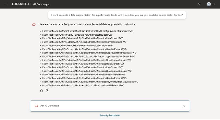 For a specific use case, AI Concierge can suggest candidate source tables from the Fusion data source.
