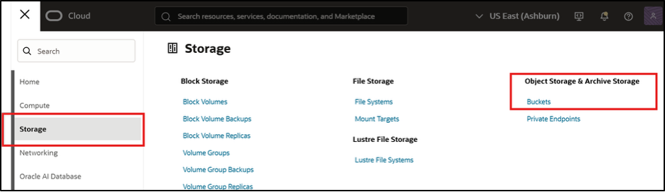 Open Object Storage buckets from the OCI Console.