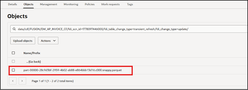 The update folder contains the corresponding Parquet file