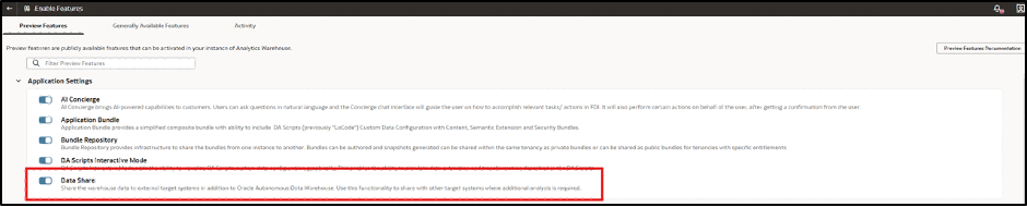 Enable Data Share under Application Settings