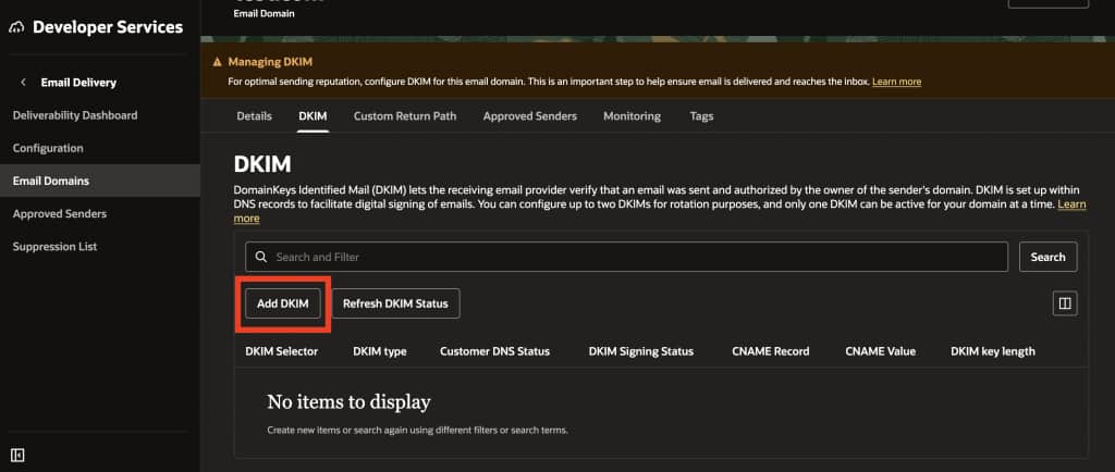 Screenshot of Oracle Cloud Infrastructure Screen under Email Domains with a box around the button 'Add DKIM'