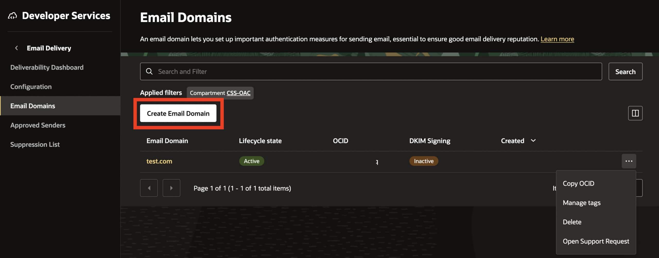Screenshot of Oracle Cloud Infrastructure Screen under Email Domains with a box around the  'Create Email Domain' button.