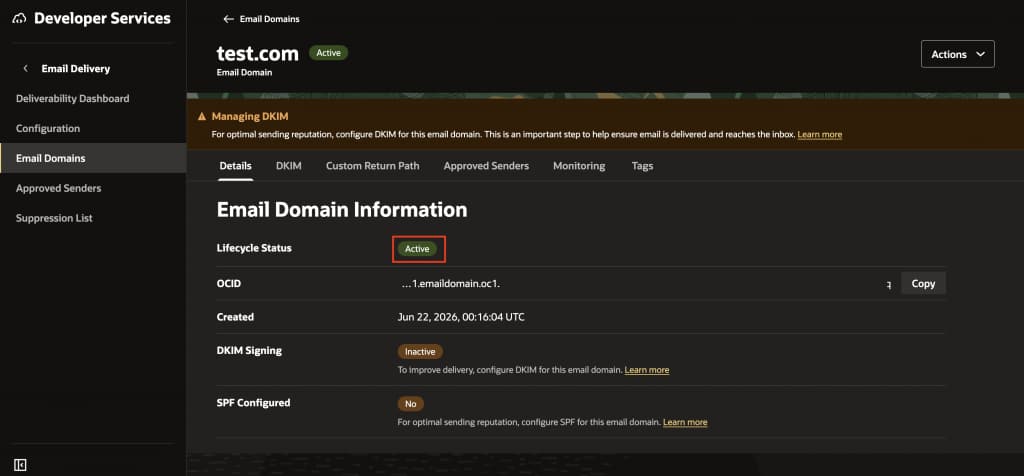 Screenshot of Oracle Cloud Infrastructure Screen under Email Domains with a box around 'Active' relating to Lifecycle Status.