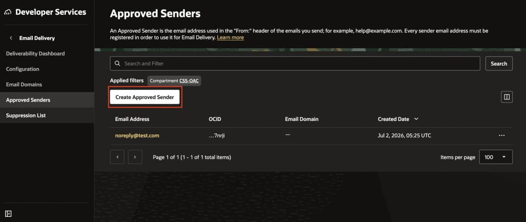 Screenshot of Oracle Cloud Infrastructure Screen under Approved Senders with the box around 'Create Approved Sender'