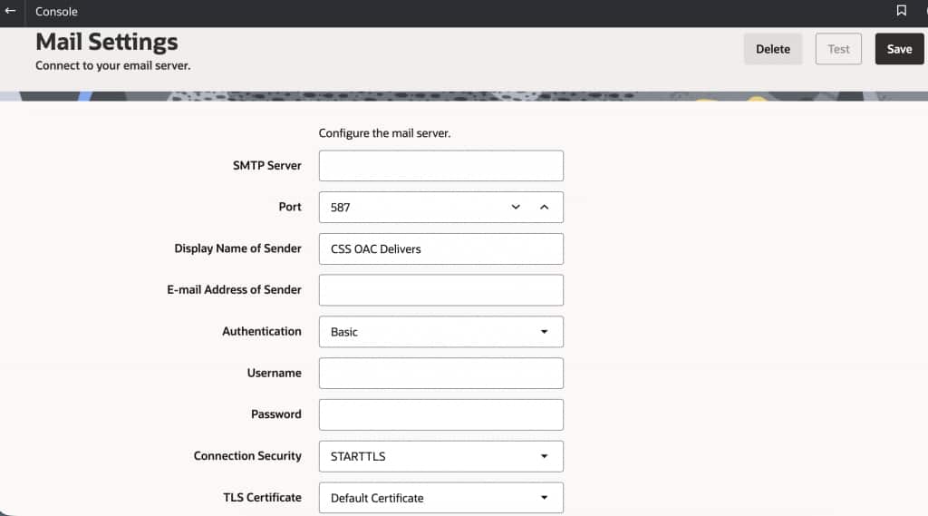 Screenshot of FDI Console Screen  under Main Settings Screen displaying the mail server settings to be configured. 