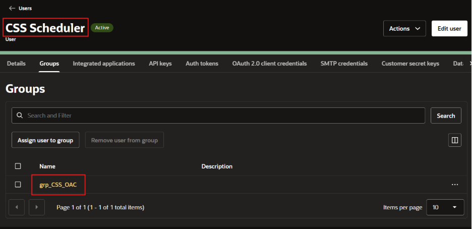 Screenshot of Oracle Cloud Infrastructure Screen under Groups with two boxes around group name and user.