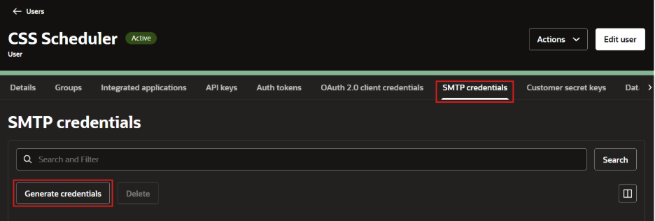 Screenshot of Oracle Cloud Infrastructure Screen under SMPT credentials with a box around 'Generate SMTP Credentials'.