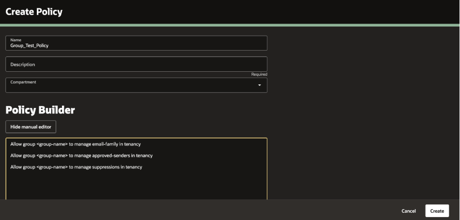 Screenshot of Oracle Cloud Infrastructure Screen under Policies showing the policy statements to add to Policy Builder.
