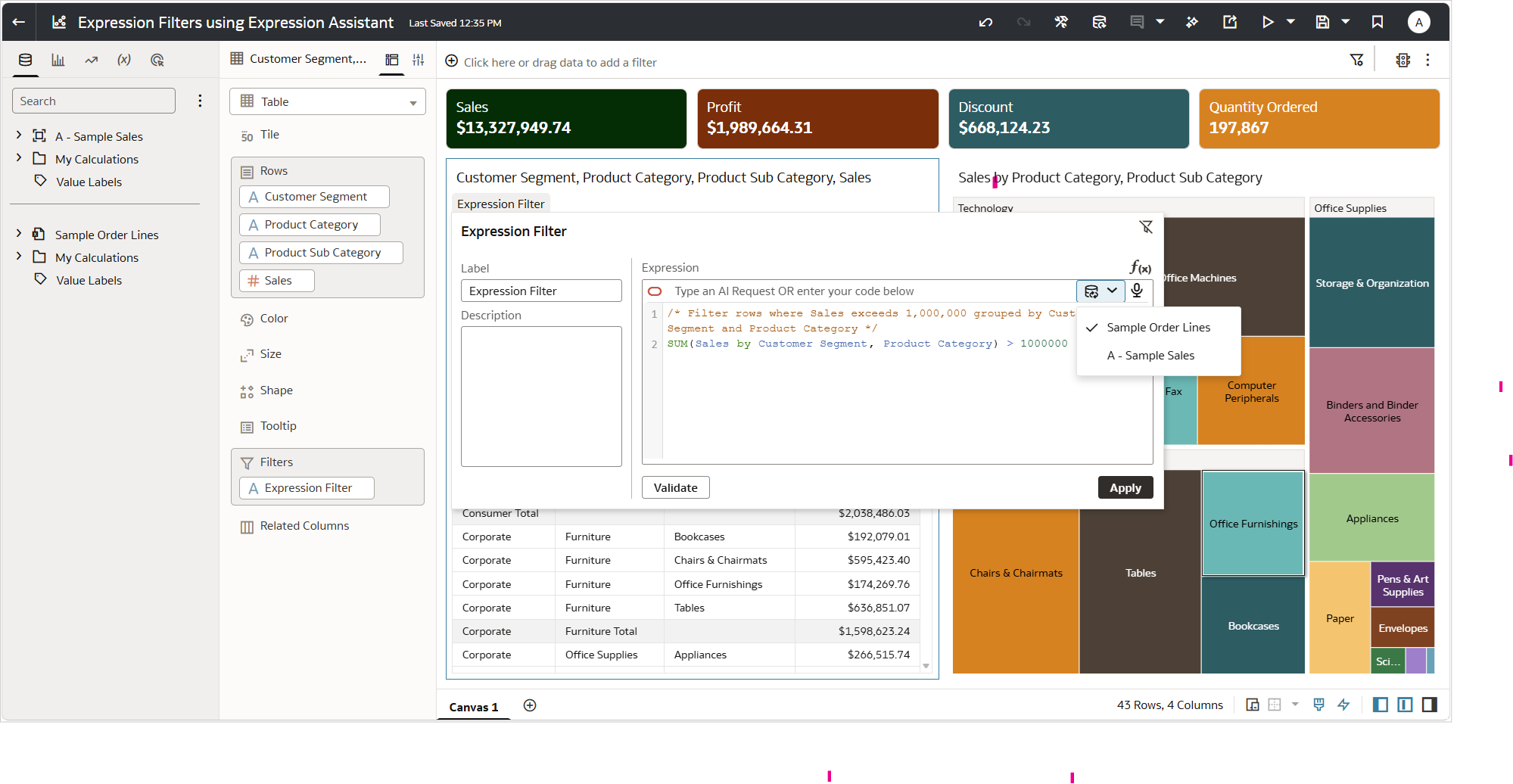 Create custom calculations and expression filters with Expression Assistant in Oracle Analytics Cloud workbooks