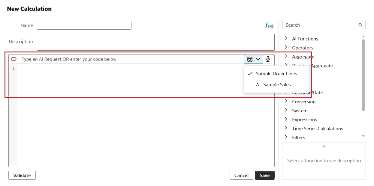 Expression Assistant in Workbook Calculation Editor with expanded data source menu.